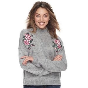 Juniors' Cloud Chaser Embroidered Floral Butterfly Mockneck Sweater Size XL